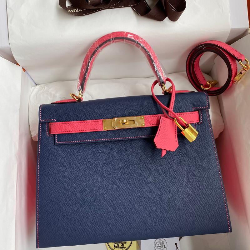 Hermes Kelly 28EP Colorblock Royal Blue lipstick Pink Gold Button